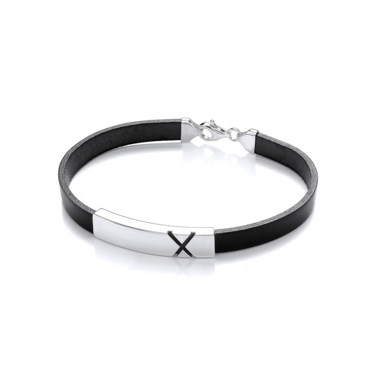 Mens Black Leather Steel ID Plate X Marked Strap Bracelet 8mm 8" - BRC193BLK