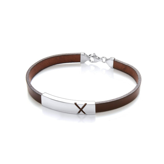 Mens Brown Leather Steel ID Plate X Marked Strap Bracelet 8mm 8" - BRC193BRN