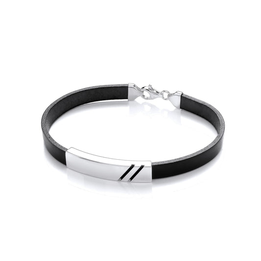 Mens Black Leather Steel ID Plate Double Groove Bracelet 8mm 8" - BRC194BLK