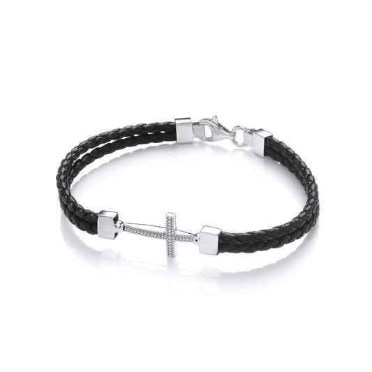 Mens Leather Steel Plaited Beaded Cross Bracelet 6mm 8.5" - BRC196