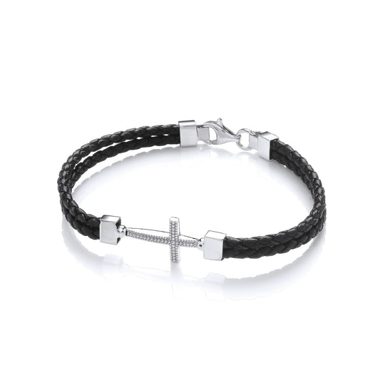 Mens Leather Silver Plaited Beaded Cross Strap Bracelet 6mm 8.5" - BRC196