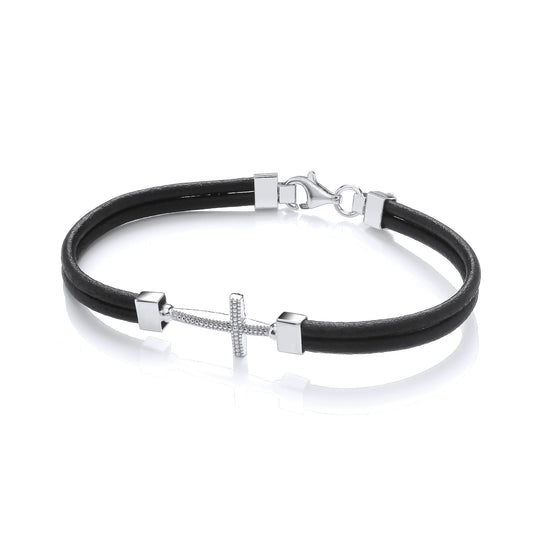 Mens Leather Silver Multi Strand Beaded Cross Bracelet 6mm 8.5" - BRC197