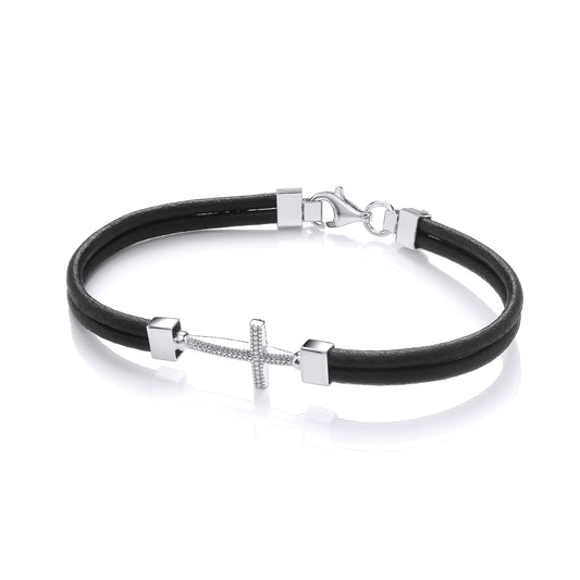 Mens Leather Steel Multi Strand Beaded Cross Bracelet 6mm 8.5" - BRC197