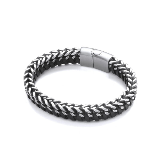 Mens Black Leather Steel Oxidised Franco Curb Bracelet 8.5" - BRC198