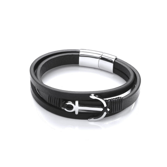Mens Black Leather Steel Multi Strand Anchor Charm Bracelet 8" - BRC199