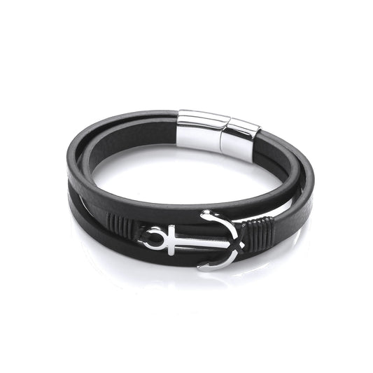 Mens Black Leather Steel Multi Strand Anchor Charm Bracelet 8" - BRC199