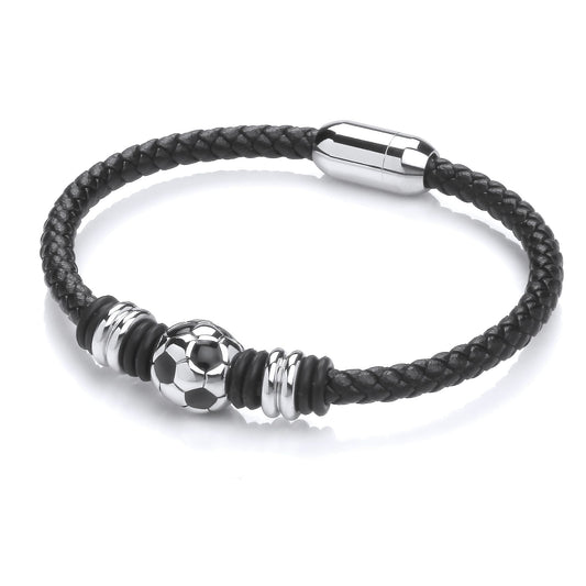Mens Leather Steel Classic 32 Panel Soccer Ball Bracelet 5mm 8" - BRC200