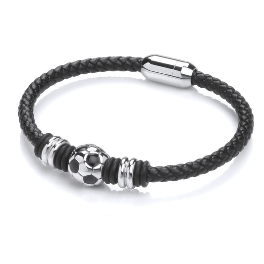 Mens Leather Steel Classic 32 Panel Soccer Ball Bracelet 5mm 8" - BRC200