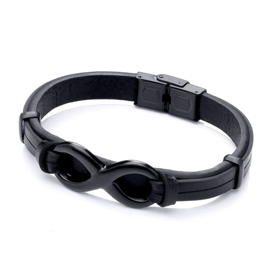 Mens Black Leather Steel 18mm Infinity Symbol 8 Bracelet 9mm 8" - BRC201BLK