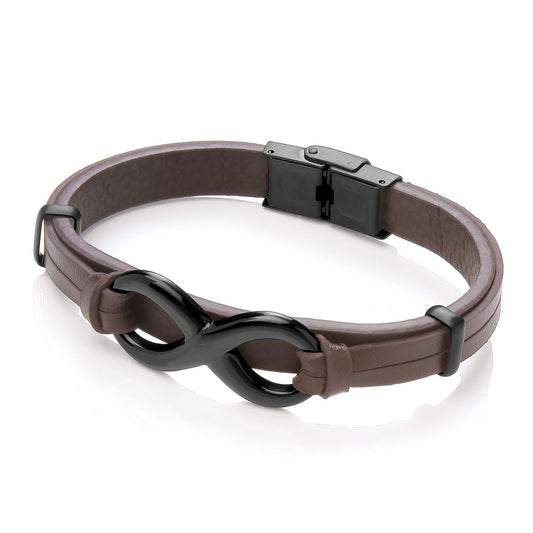Mens Brown Leather Steel 18mm Infinity Symbol 8 Bracelet 9mm 8" - BRC201BRN
