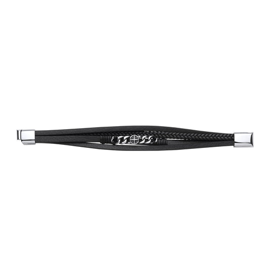 Black Leather Stainless Steel Strap Bracelet 8" 21cm - BRC202
