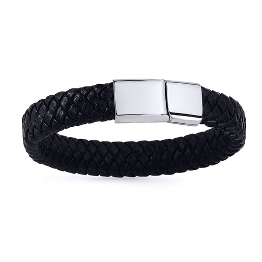 Mens Steel Black Leather Platted Strap Bracelet 12mm - BRC45