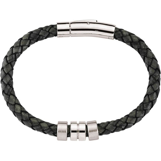Mens Steel Black Leather Platted Strap Bracelet 10mm - BRC46