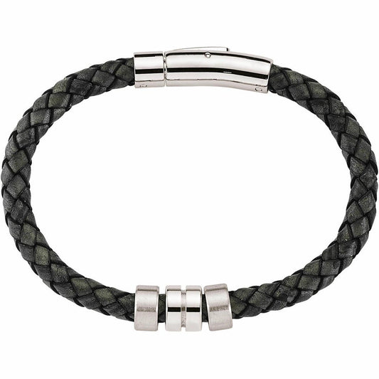Mens Steel Black Leather Platted Strap Bracelet 10mm - BRC46
