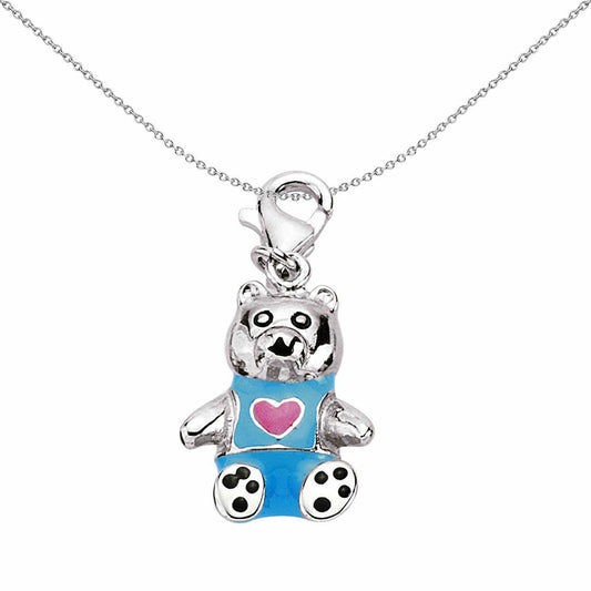 Sterling Silver Enamel Pink Heart Blue Teddy Bear Charm Pendant - CM039