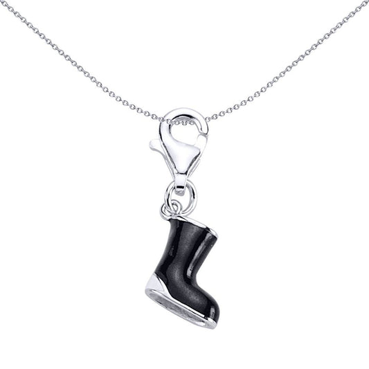Sterling Silver Enamel Black White Welly Boot Charm Pendant - CM048