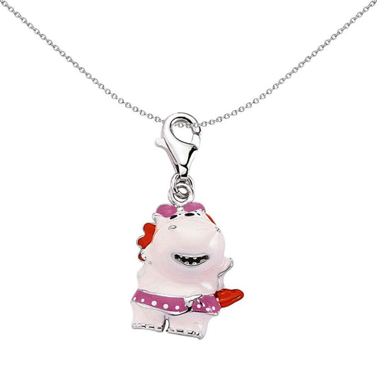 Sterling Silver Pink Enamel Hippo Lobster Clasp Link Charm - CM053