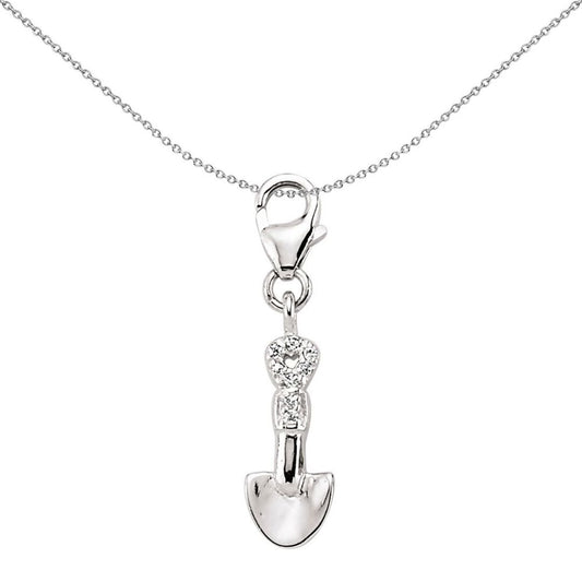 Sterling Silver CZ Heart Shovel Spade Lobster Link Charm Pendant - CM086