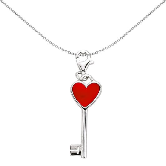 Sterling Silver Red Crystal & Enamel Love Heart Key Link Charm - CM096