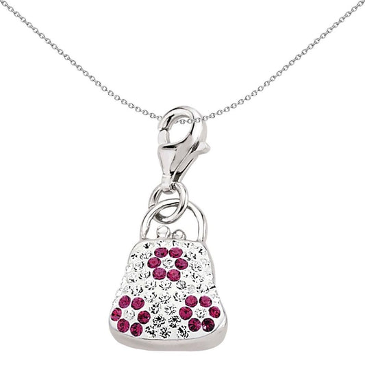 Sterling Silver Pink White Crystal Handbag Link Charm - CM100