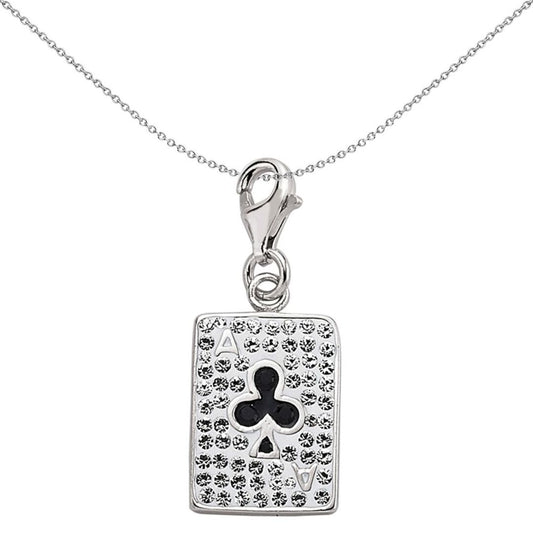 Sterling Silver White Crystal Ace Clubs Poker Card Link Charm - CM105