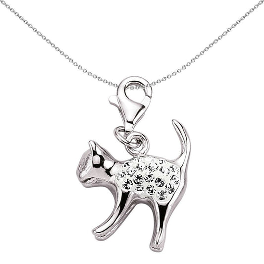 Sterling Silver Crystal Pouncing Cat Link Charm - CM109