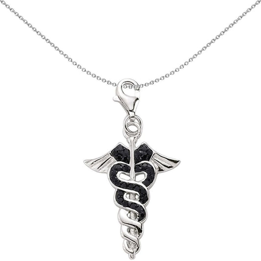 Sterling Silver Black Crystal Rod of Asclepius Medical Link Charm - CM120