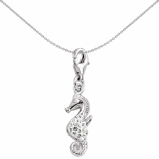 Sterling Silver White Crystal Hippocampus Seahorse Link Charm - CM121WHT