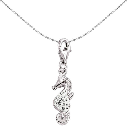 Sterling Silver White Crystal Hippocampus Seahorse Link Charm - CM121WHT