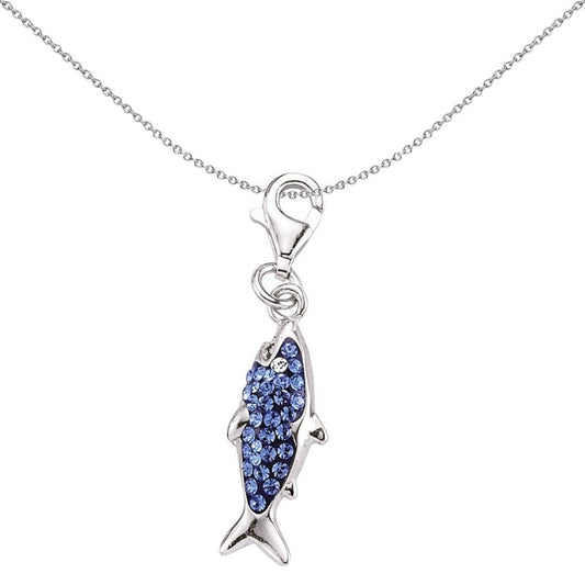 Sterling Silver Blue Crystal Shark Fish Lobster Clasp Link Charm - CM122BLU