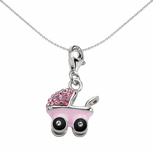Sterling Silver Pink Enamel Crystal Buggie Pram Link Charm - CM123