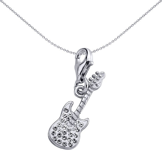 Sterling Silver White Crystal Guitar Charm Pendant - CM124