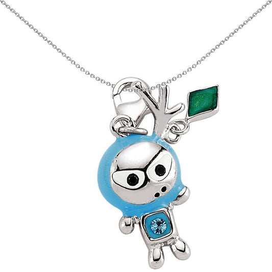 Sterling Silver Blue Enamel Crystal Spaceman Alien Link Charm - CM129