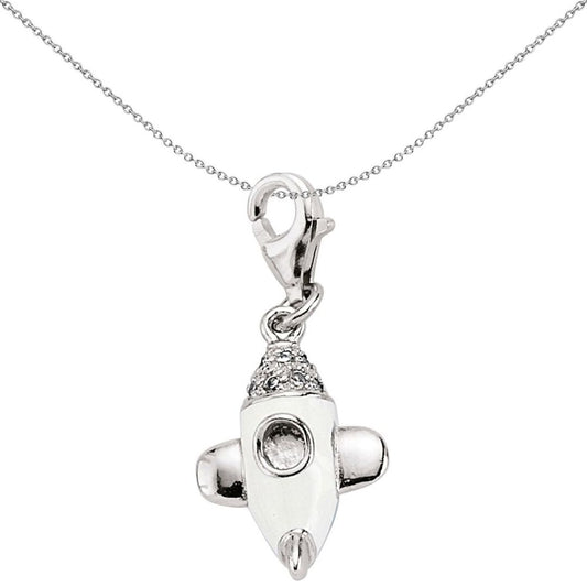 Sterling Silver White Crystal Enamel Space Shuttle Link Charm - CM136