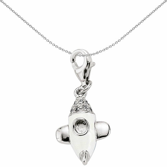 Sterling Silver White Crystal Enamel Space Shuttle Link Charm - CM136