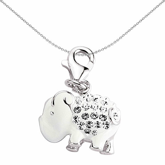 Sterling Silver White Crystal Enamel Elephant Link Charm - CM140