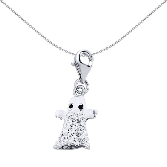Sterling Silver Black White Enamel Crystal Boo Ghost Charm - CM143