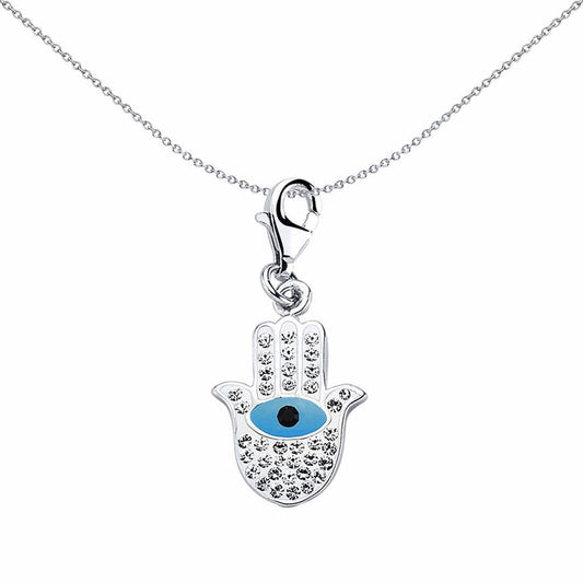 Sterling Silver Black Blue Enamel Crystal Hamsa Hand 5 Charm - CM144
