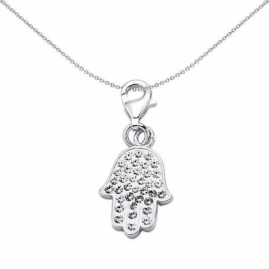 Sterling Silver White Crystal Hamsa Hand 5 Charm Pendant - CM148
