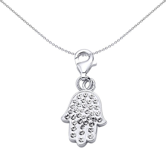 Sterling Silver White Crystal Hamsa Hand 5 Charm Pendant - CM148