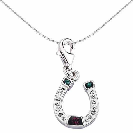 Sterling Silver Green Purple Crystal Lucky Horseshoe Link Charm - CM149