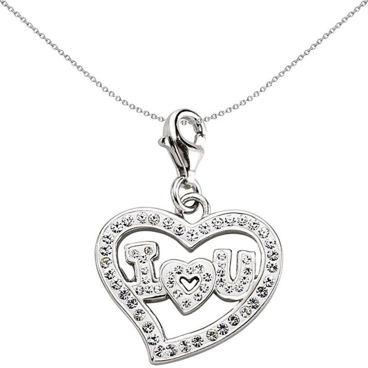 Sterling Silver White Crystal I Love U Heart Link Charm - CM152