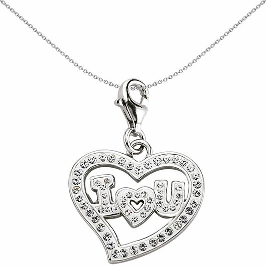 Sterling Silver White Crystal I Love U Heart Link Charm - CM152