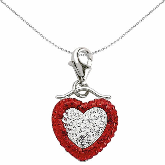 Sterling Silver Red White Crystal Double-sided Love Heart Charm - CM160