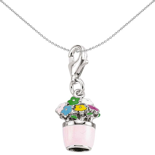Sterling Silver Pink Enamel Flower Pot Bouquet Link Charm - CM166