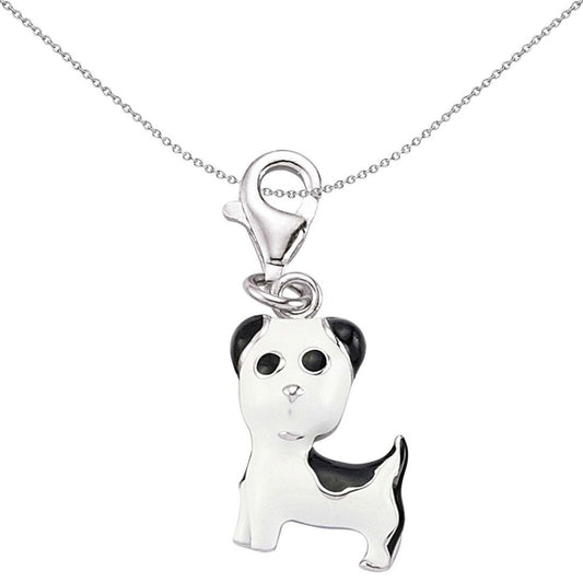 Sterling Silver Black White Enamel Puppy Cat Lobster Link Charm - CM175