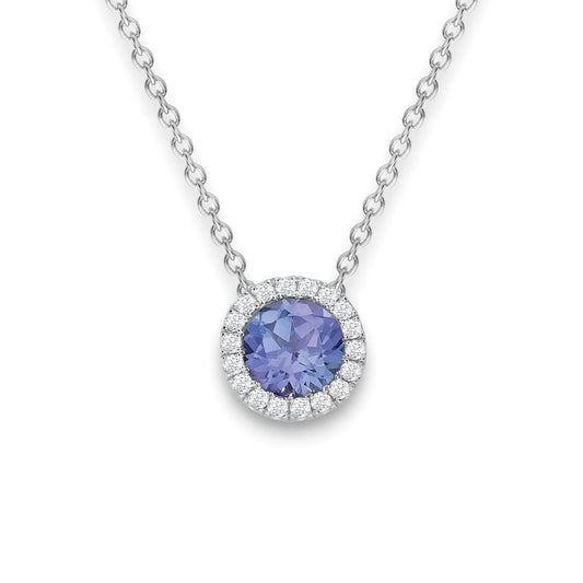 18ct White Gold Diamond Tanzanite 6mm Round Halo Cluster Necklace - CWNR02177-18