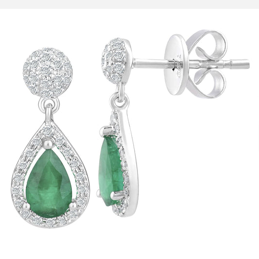 18ct White Gold 1/4ct Diamond Pear Emerald Teardrop Drop Earrings - DE1AXL412EM-18KW