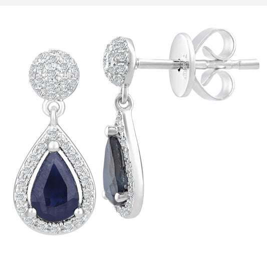 18ct White Gold Diamond Pear 1ct Sapphire Teardrop Drop Earrings - DE1AXL412SA-18KW