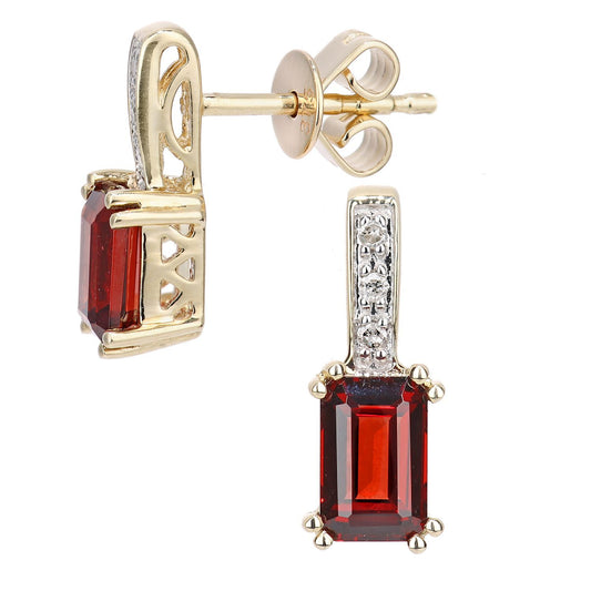 9ct Gold Diamond Octagon Garnet Inverted Popsicle Drop Earrings - DE1AXL600YGT